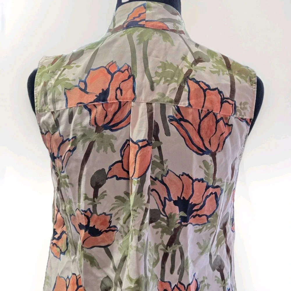Tory Burch‎ Silk Floral Tie Neck Blouse Size 0 Sleeveless Poppy Print